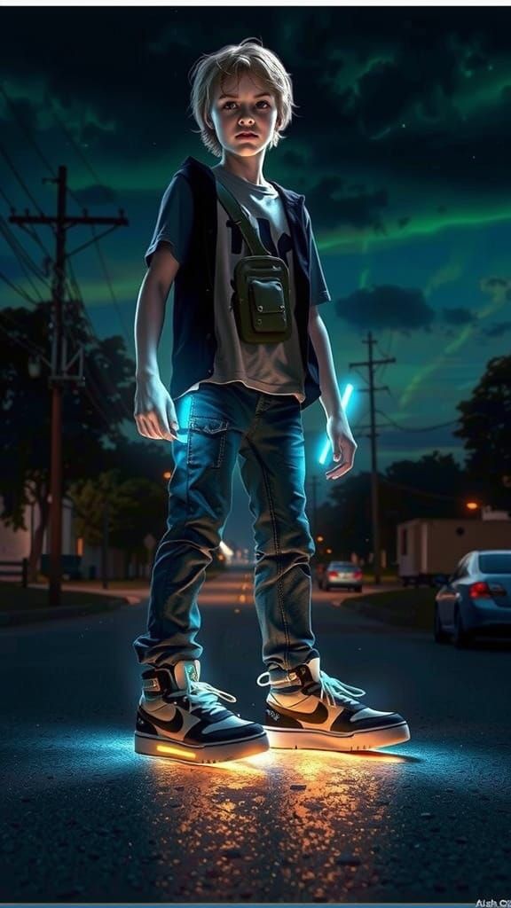 Electric Guitarist in Neon Cityscape: Syd Mead Style