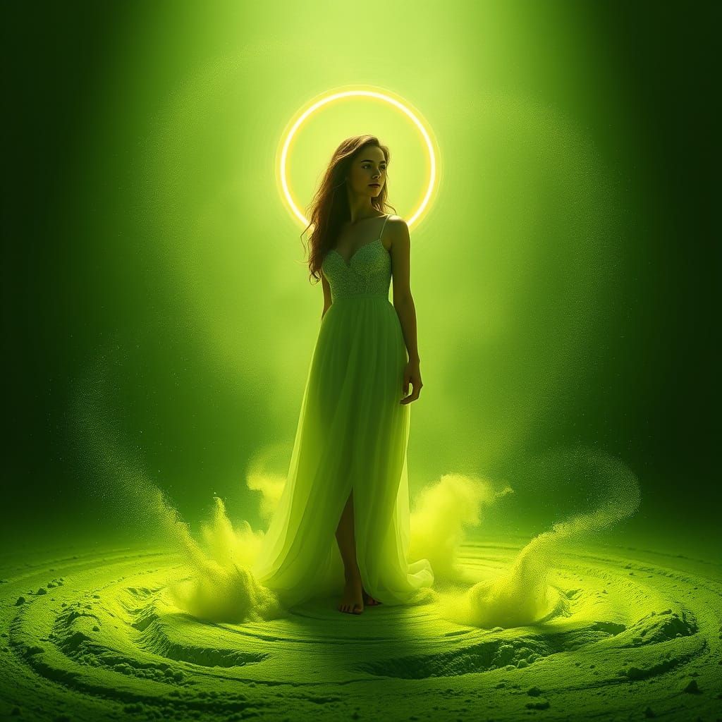 Ethereal Woman in Matcha Green Fantasy Realm
