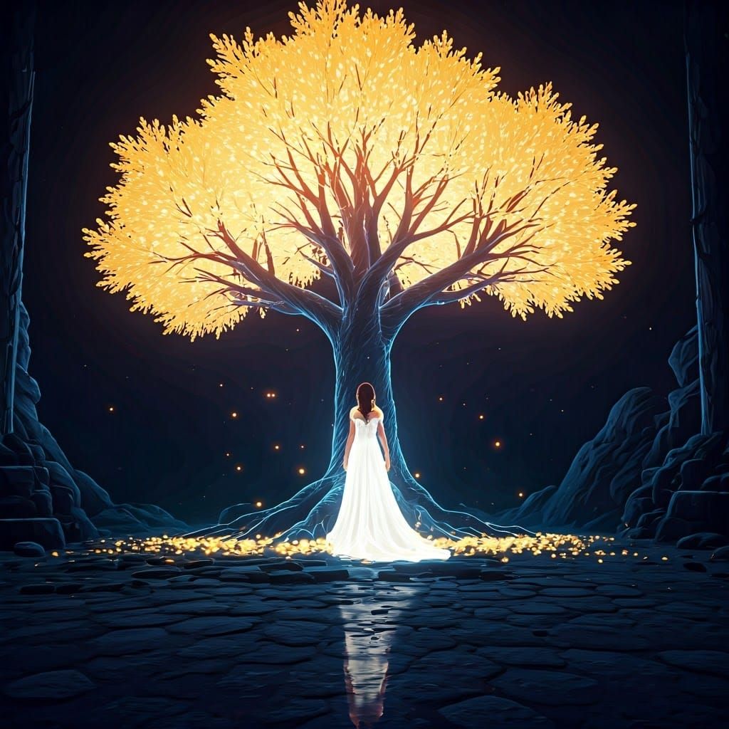 Mystic Woman at Glowing Tree in Enchanted Forest