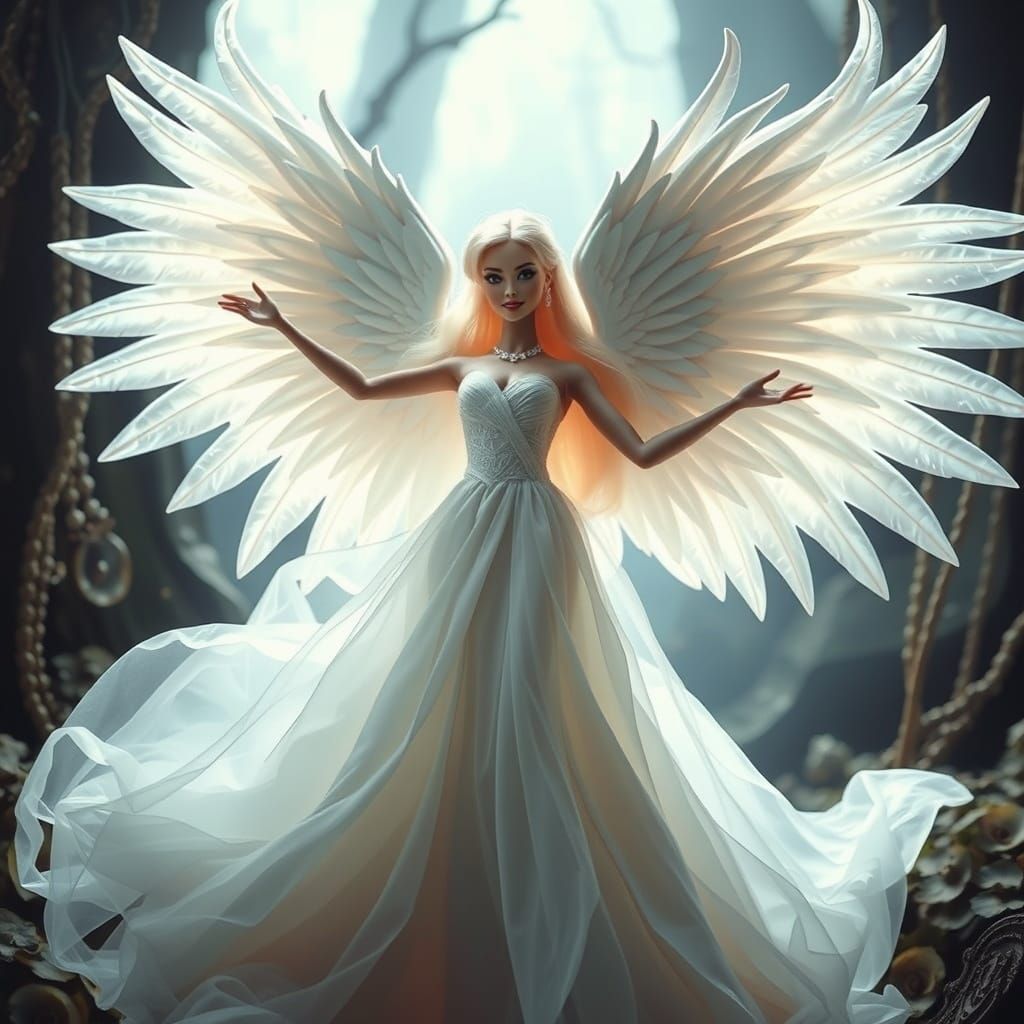 Ethereal Ghost Angel Barbie Spreads Wings in Surreal Environ...