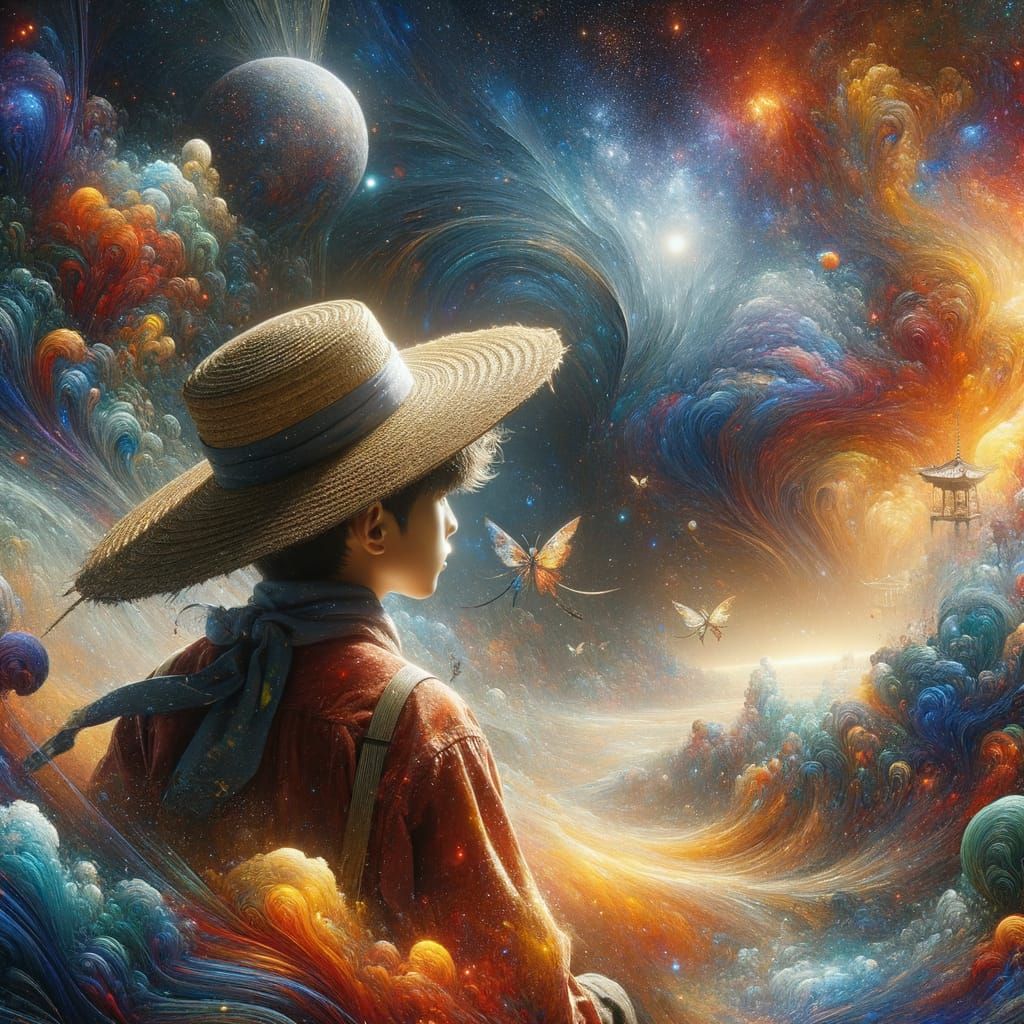 Korean Boy Donning Straw Hat, Cosmic Oil Paint Art