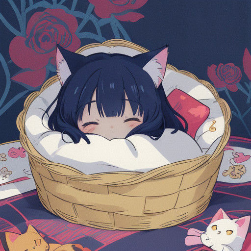 Anime Style Cat Girl Slumbers in Cozy Checkered Basket