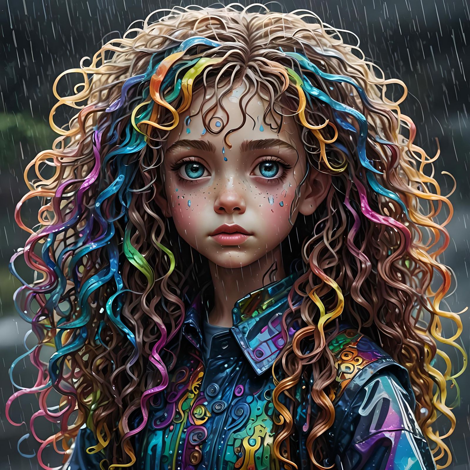 Bismuth Haired Woman in Rain, Detailed Digital Art