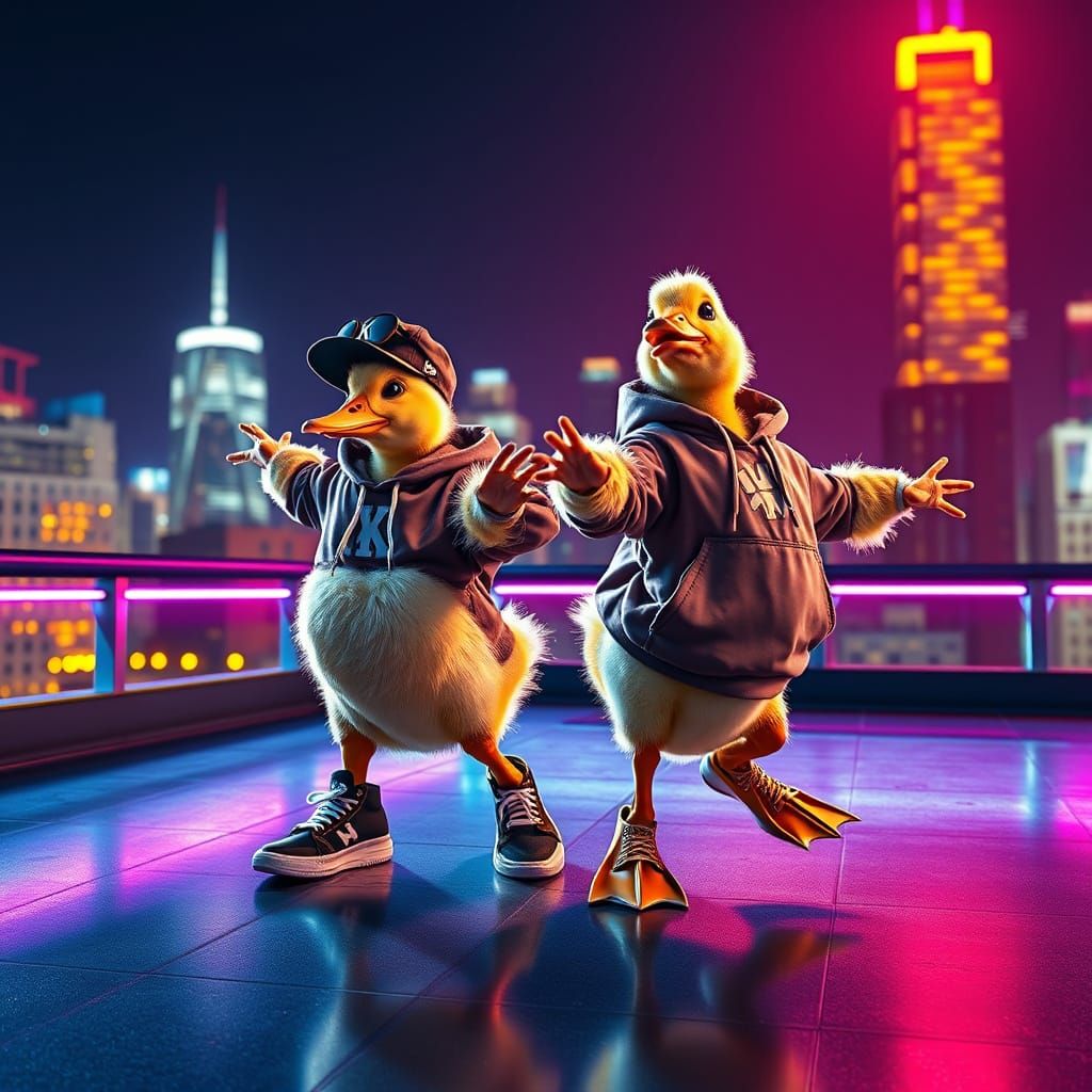 Ducklings' Neon Hip-Hop Dance: Digital Art