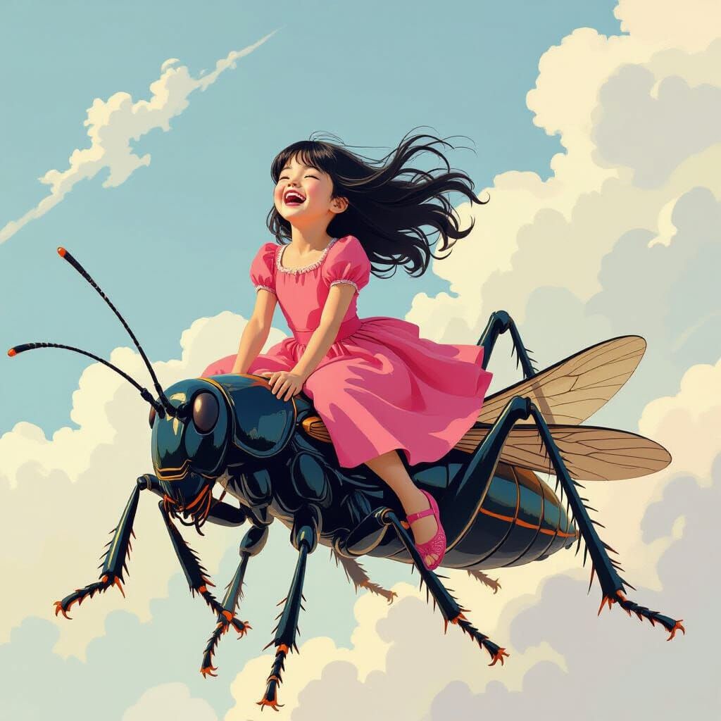 Girl Riding Giant Cricket in Gouache Style