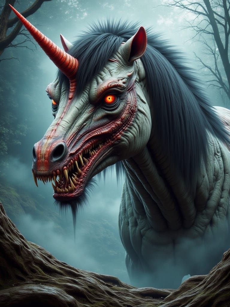 terrible predatory devilish unicorn from a bad dream