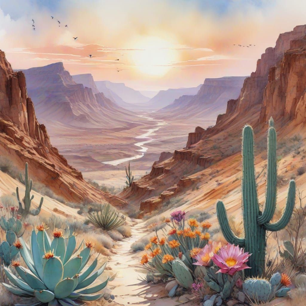 Surreal Desert Oasis with Golden Eagles and Vibrant Blooms i...