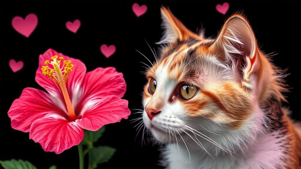 Calico Cat with Hibiscus in 3D Digital Art