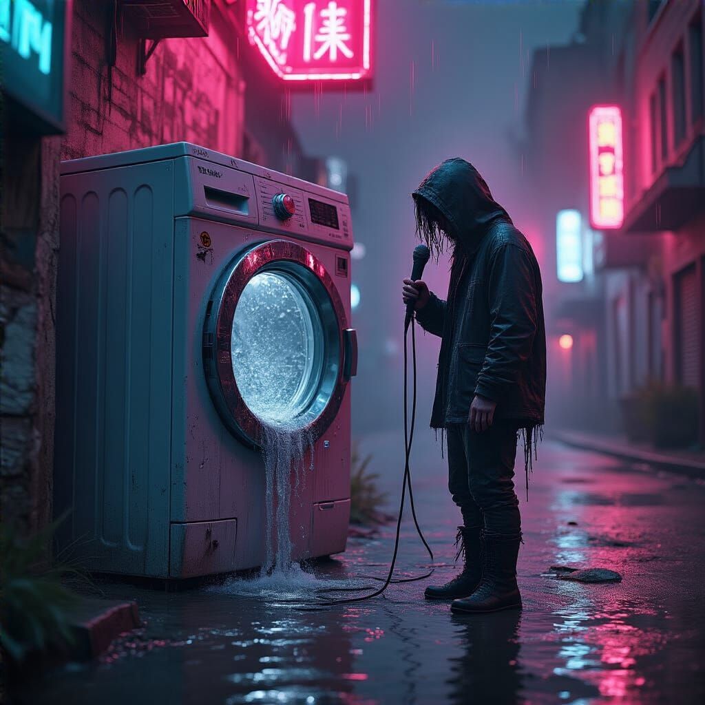 Neon Musician in Dystopian Street Scene