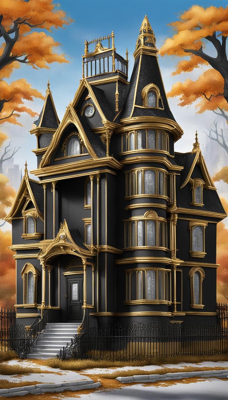 Gothic Mansion with Gold Trim Architecture