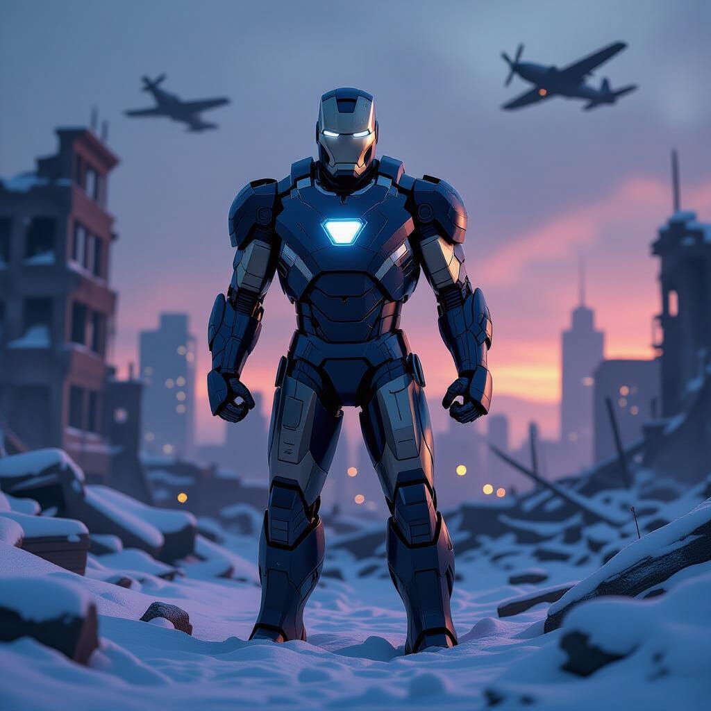 Weathered Iron Man in War-Torn City
