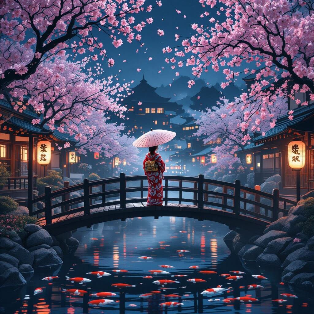 Woman on Japanese Bridge with Cherry Blossoms