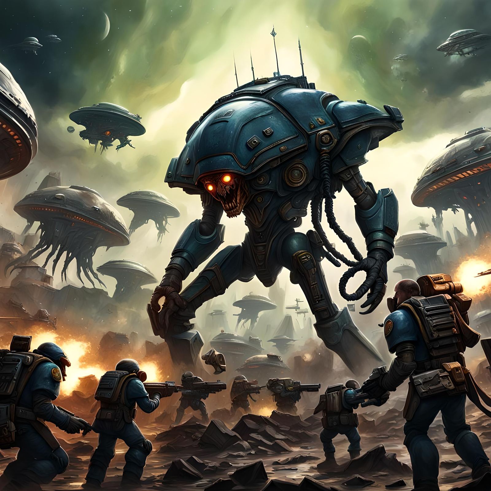 Warhammer 40k Alien Battle in Dystopian Setting