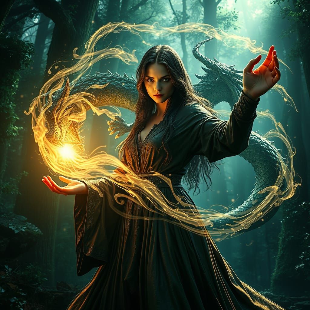 Sorceress in Majestic Forest Spellcasting