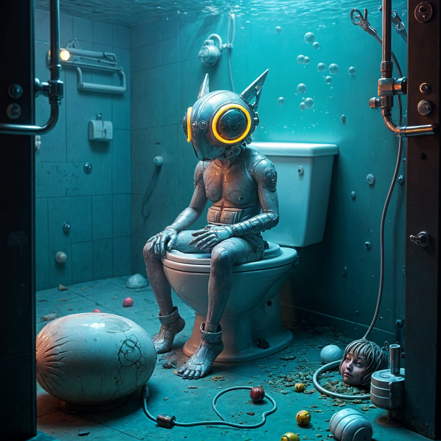 Cyberpunk Biscuit Beast Underwater with Toilet and Balloon