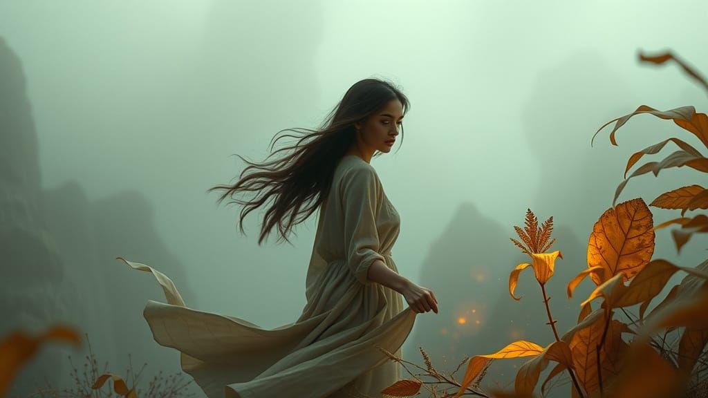 Dreamlike Journey: Woman in Misty Landscape