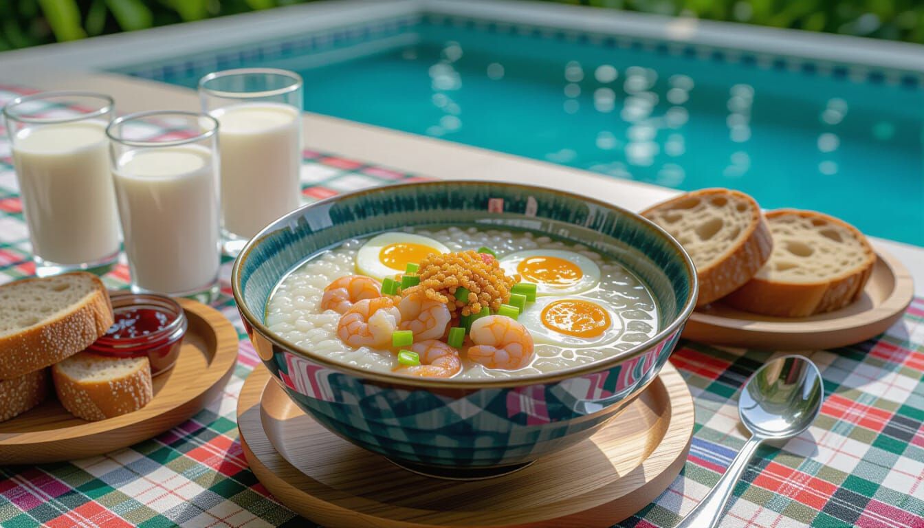 Photorealistic Bowl Of Seafood Rice Porridge With Milk And B...