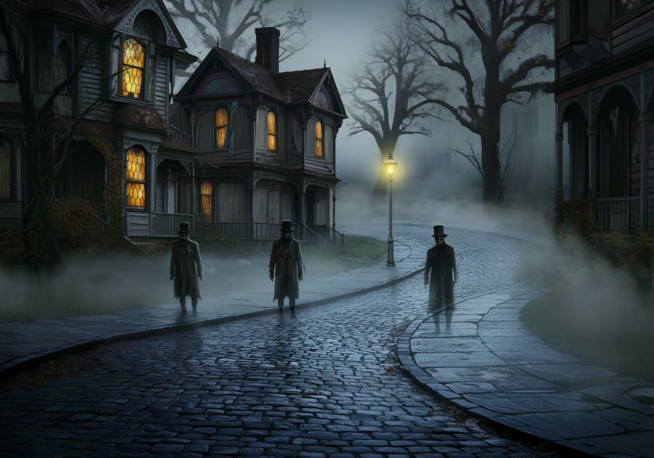 Ghostly Figures Wander a Misty Victorian Street