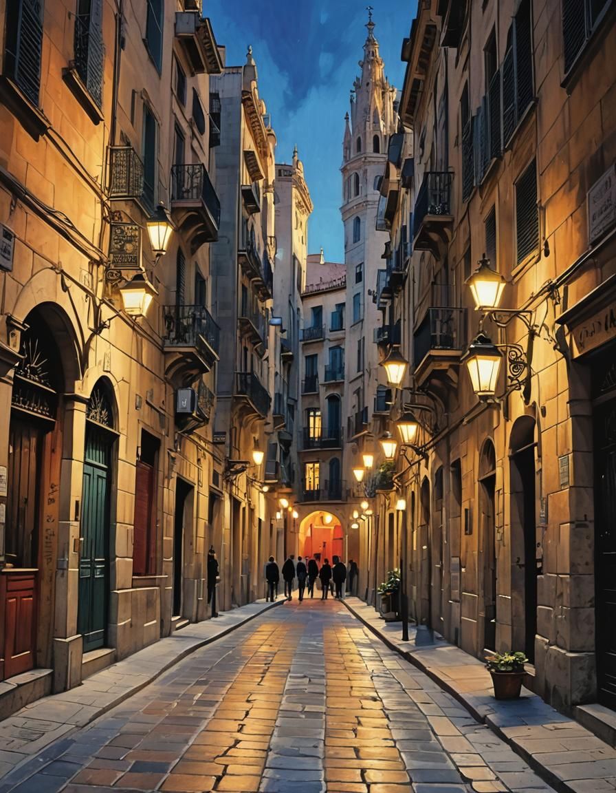 A vibrant street in Barcelona's Gothic Quarter at dusk