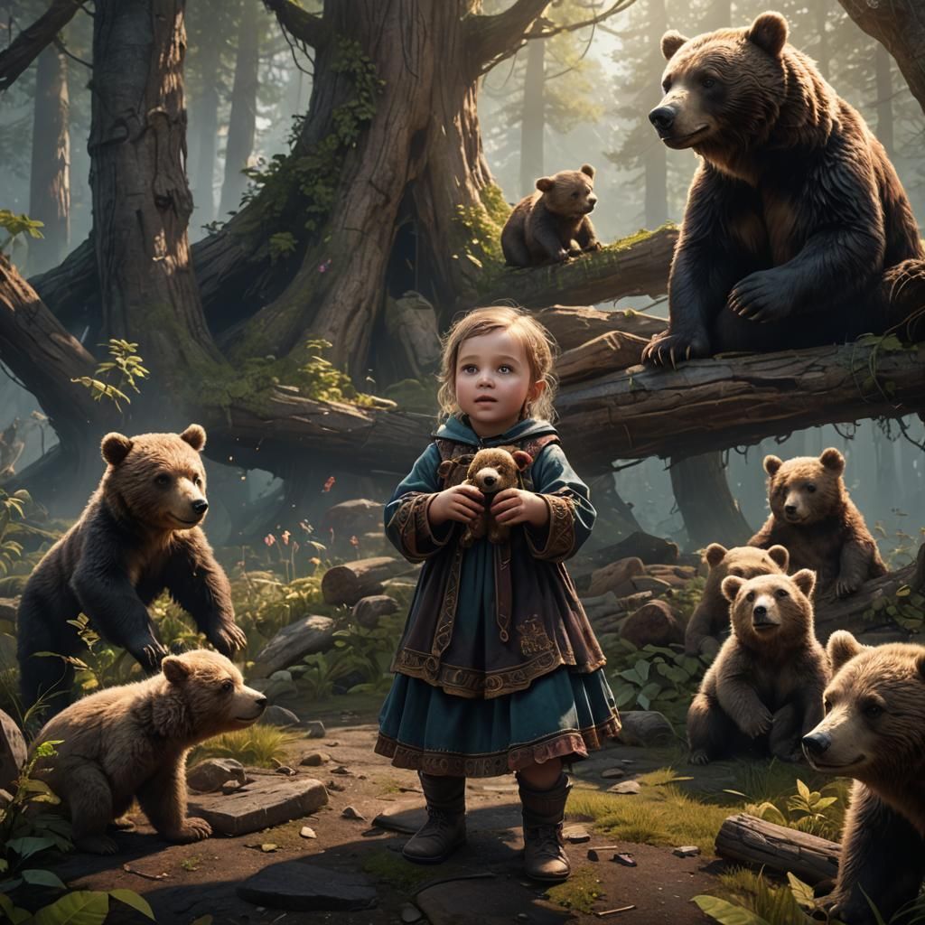 Baby Girl and Bear: Detailed Matte Painting
