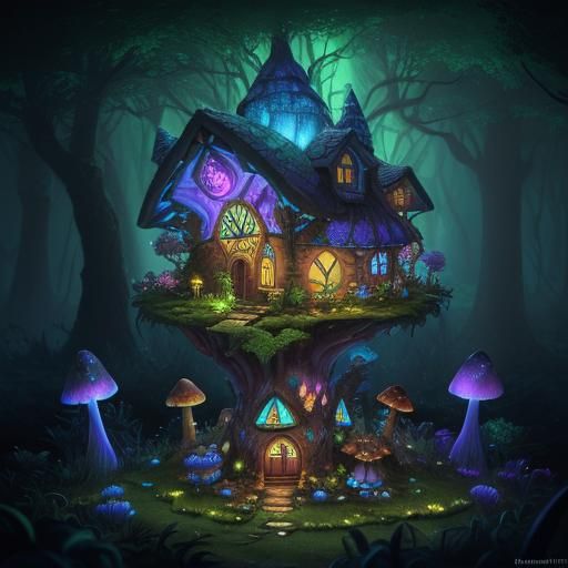 A fairy mushroom house in an enchanted bioluminescent forest. 8k resolution concept art detailed matte painting bokeh tr...