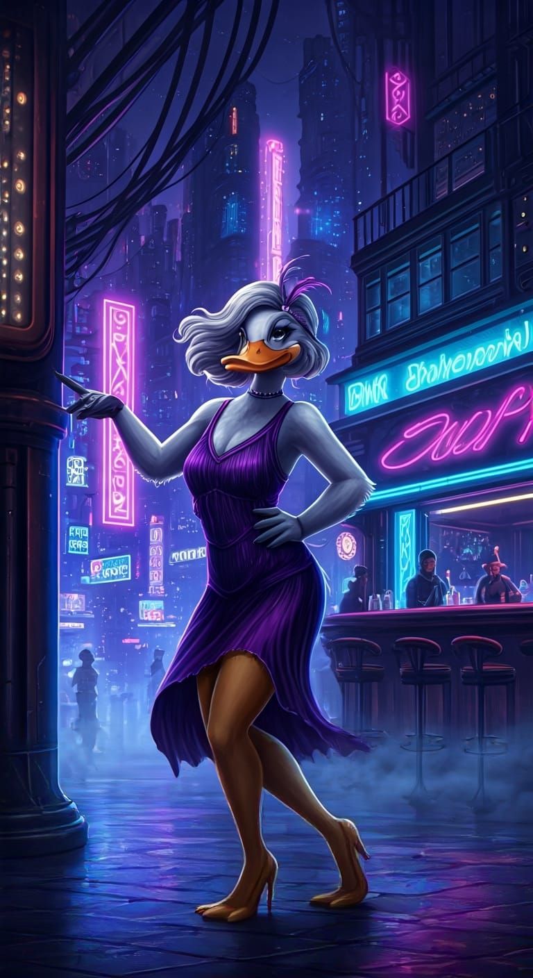 Cyberpunk Duck Anthro in Futuristic Cityscape