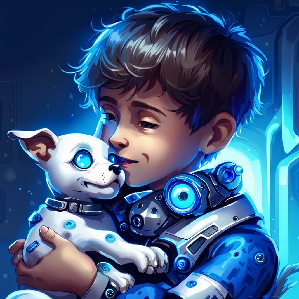 Boy Cuddles Adorable Futuristic Robot Puppy