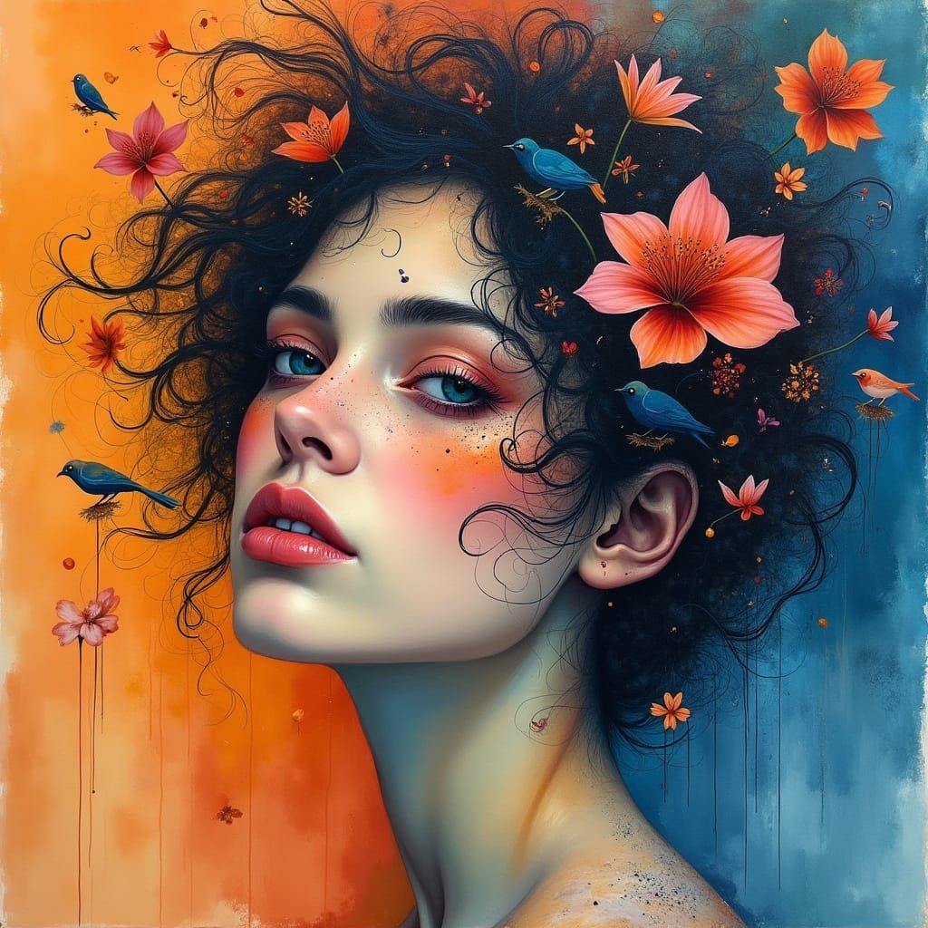 Whimsical Watercolor Portrait with Birds and Flowers