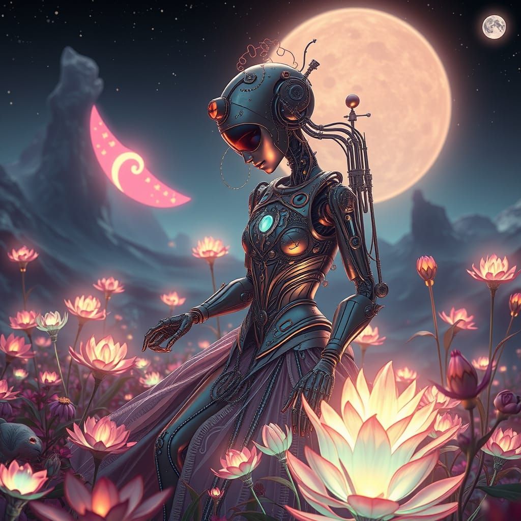 Art Nouveau Automaton in Bioluminescent Alien Garden