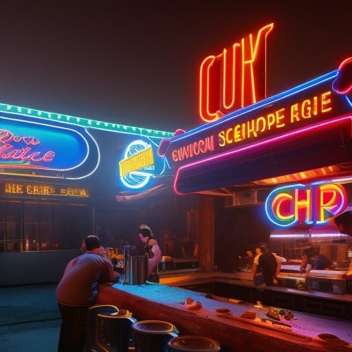 Neon BBQ Pig Sign: Digital Matte Painting