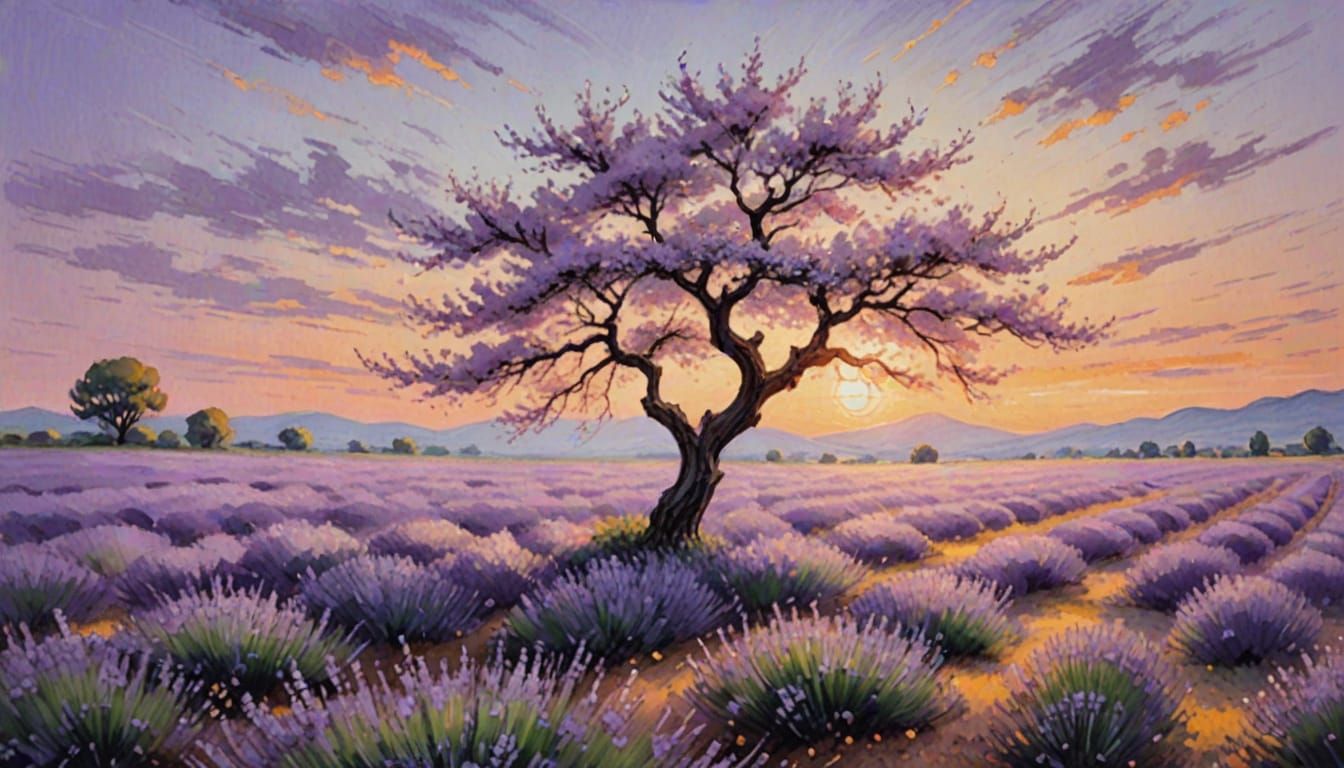 Cherry Blossom Tree in Lavender Field: Pastel Impressionism