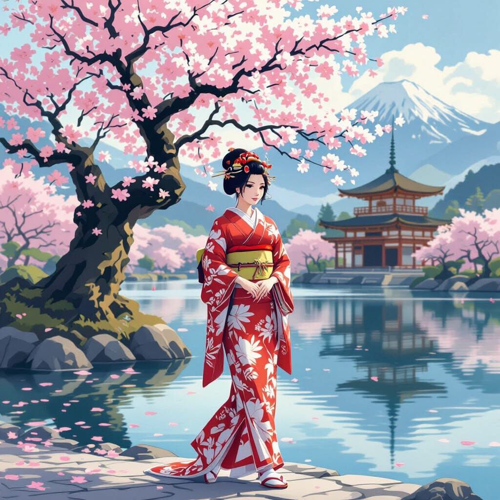 Geisha at Sakura Tree in Japanese Art Style