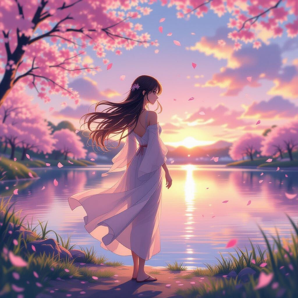 Anime Girl by Tranquil Lake at Sunset