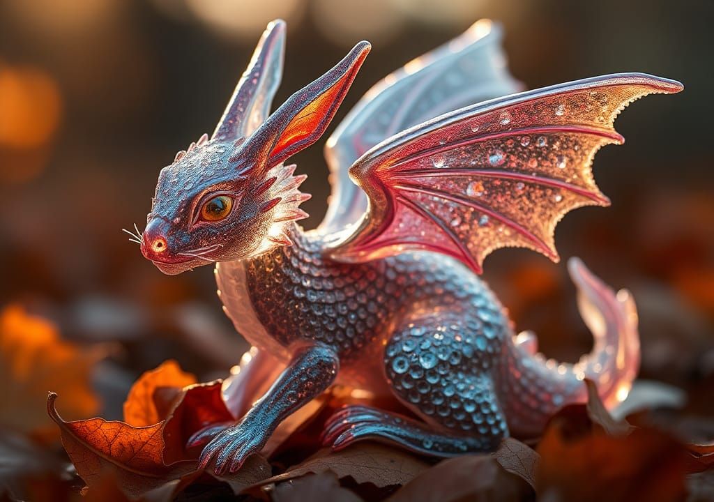 Glass Dragon Perched on Autumn Leaves