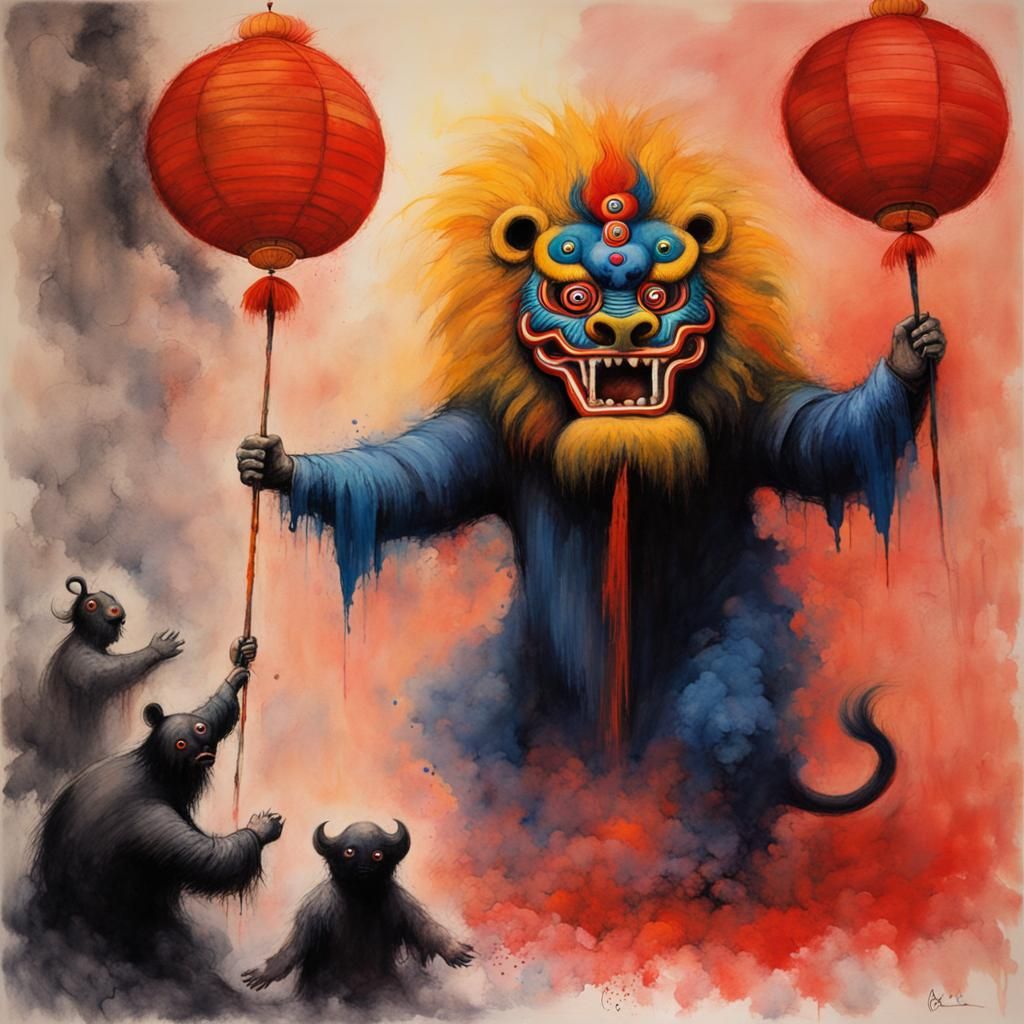 Lion Dance: Impressionist Gouache and Watercolor Masterpiece