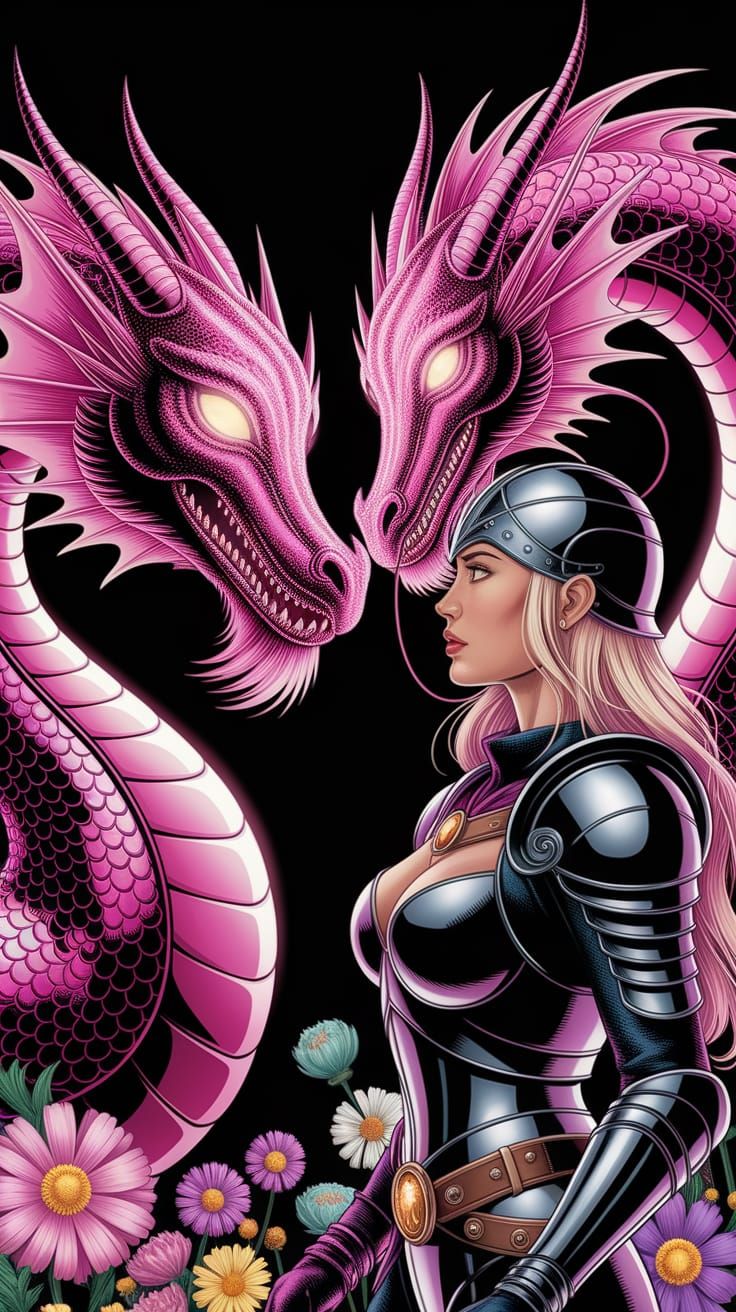 Female Warrior and Pink Dragon in Comic Art
