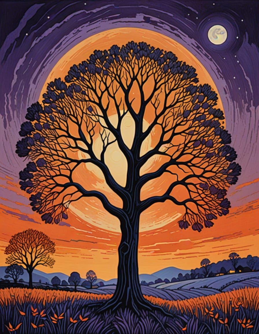 Tree Under Autumn Moon in Vibrant Naive Style
