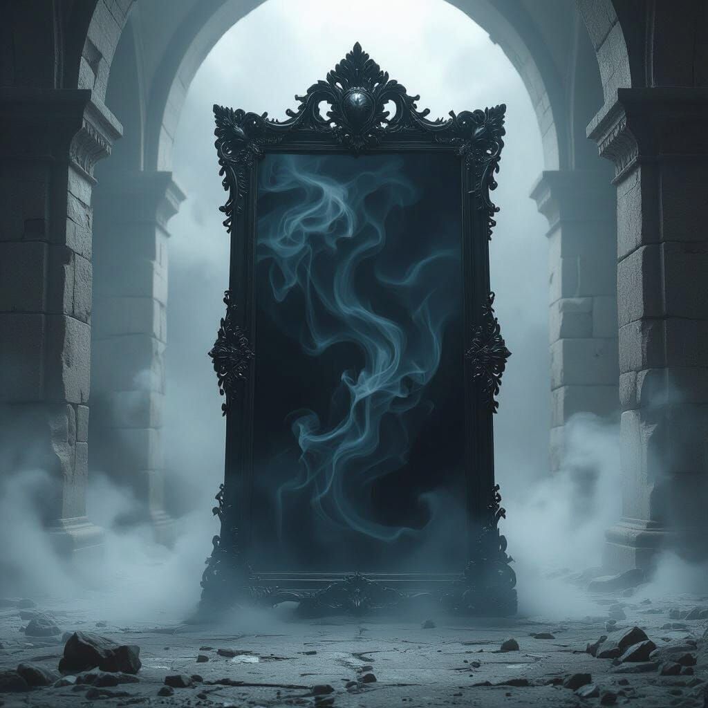 Stone Chamber Mirror Reflects Smoke, Dark Fantasy Art