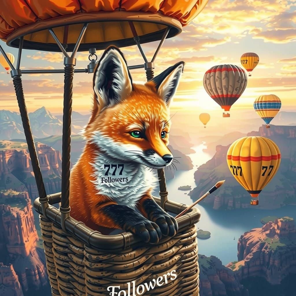 Photorealistic Oil Painting of Fox Cub in Hot Air Balloon Ov...