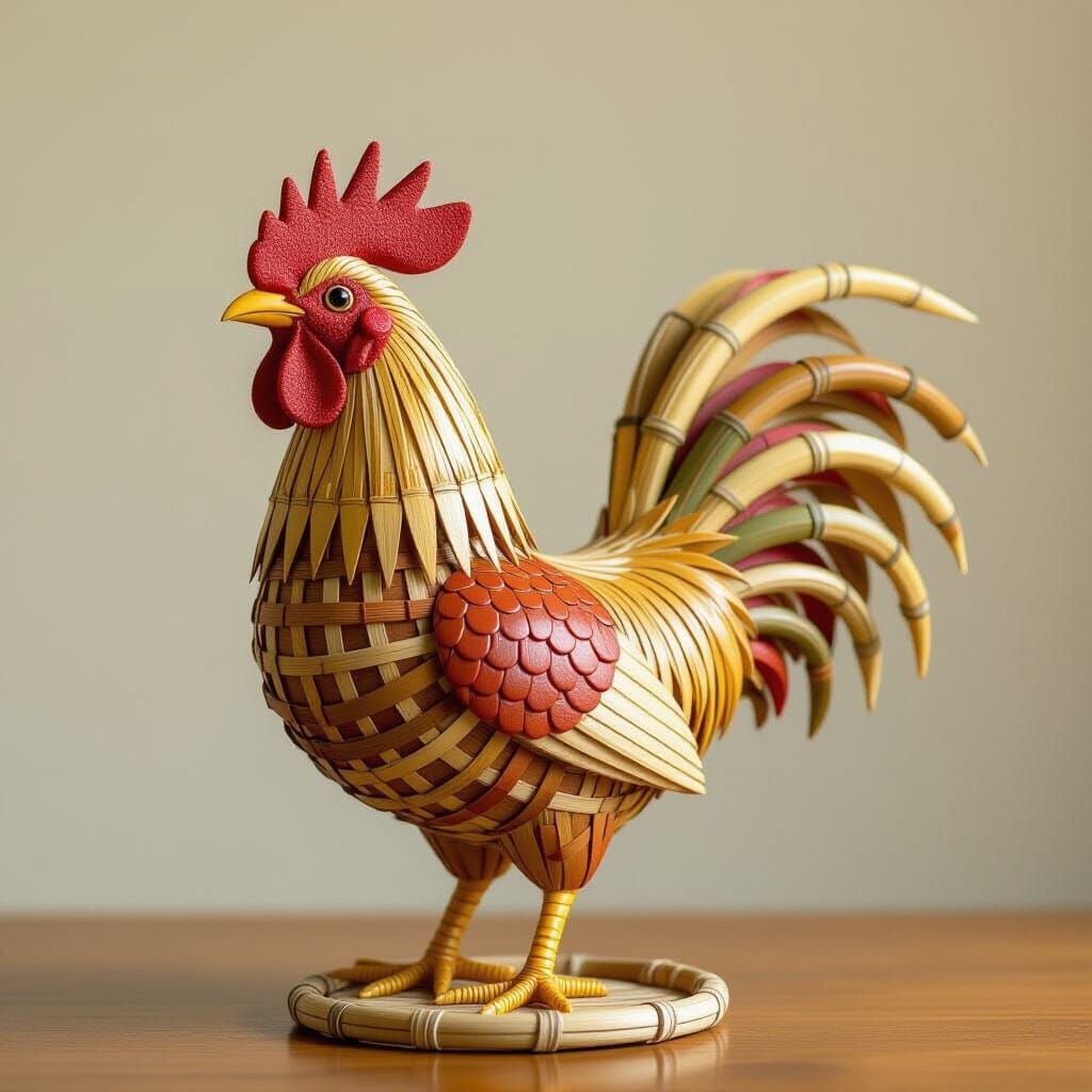 Intricate Bamboo Rooster Statue in Hokusai Style