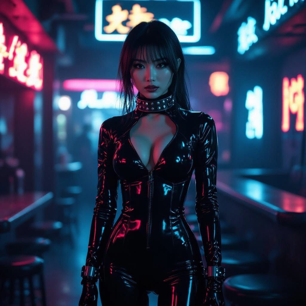 Japanese Woman in Latex Catsuit, Neon Club