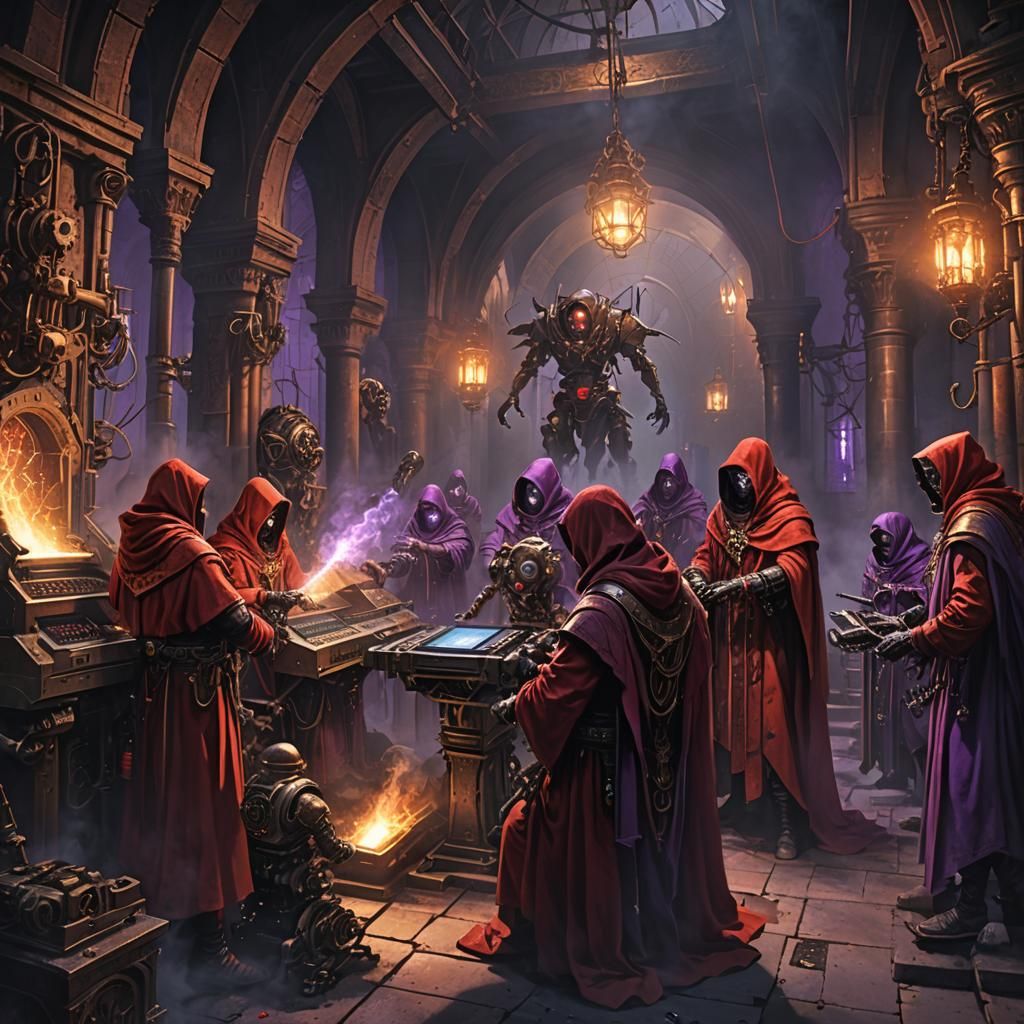 Adeptus Mechanicus Tech-Priests Repairing Computer