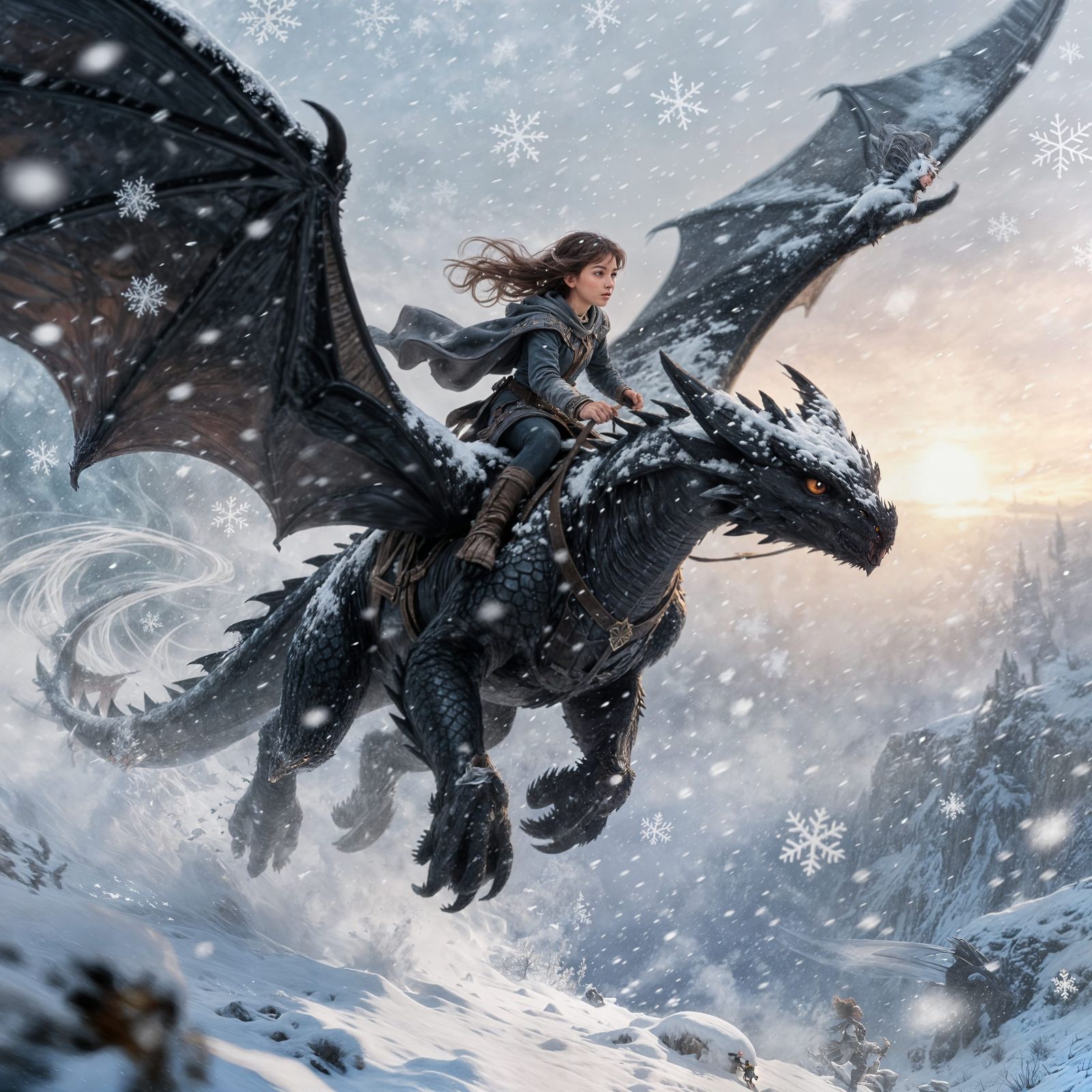 Girl Rides Black Dragon Through Winter Blizzard