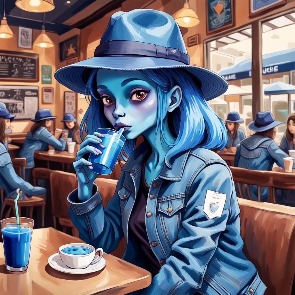 Blue female alien with dark blue trilby hat and blue denim jacket in a cafe.
