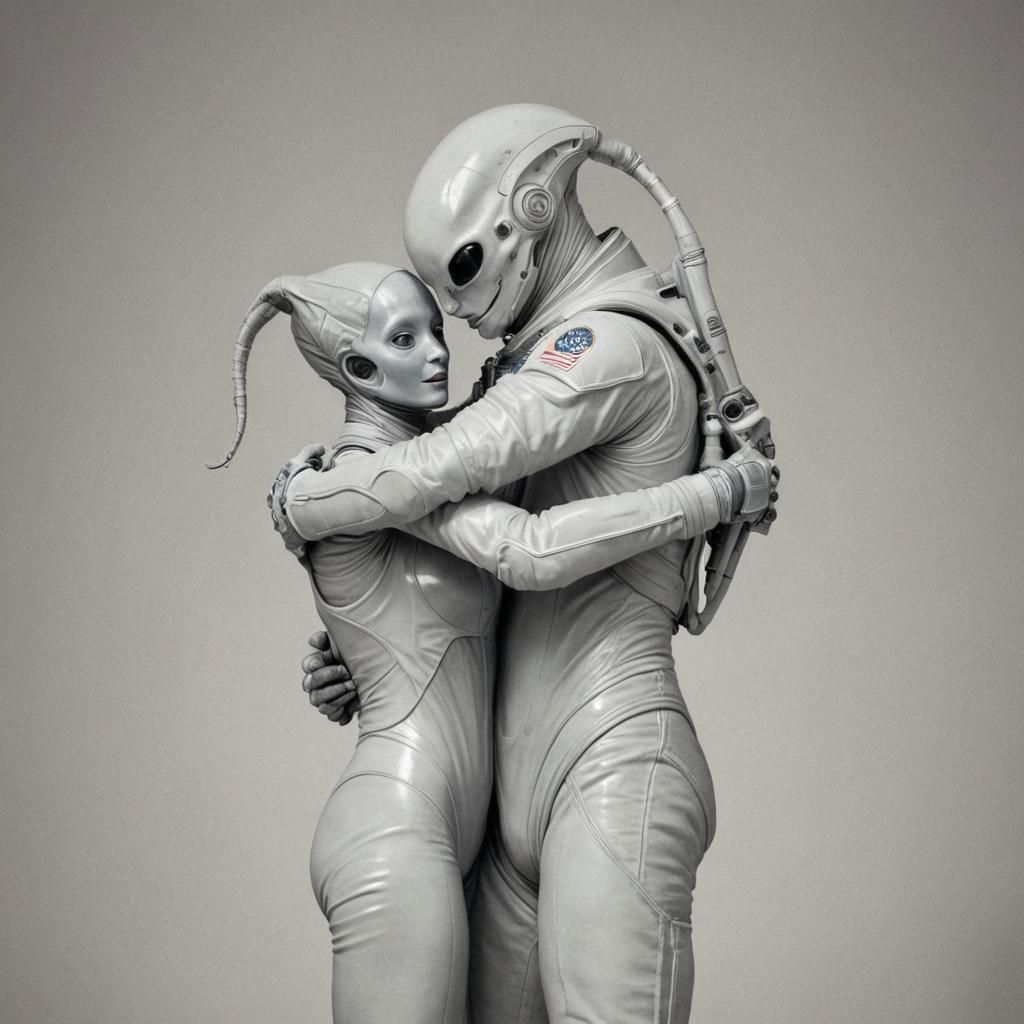 Astronaut and Alien Embrace, Vintage Illustration