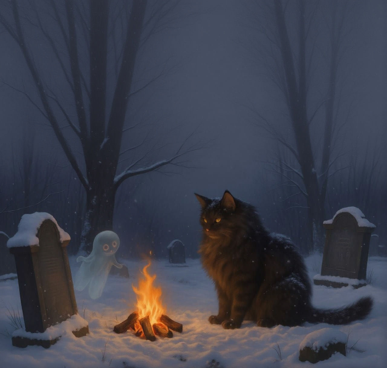 Ethereal Snowstorm Over 1800s Graveyard With Kittens
