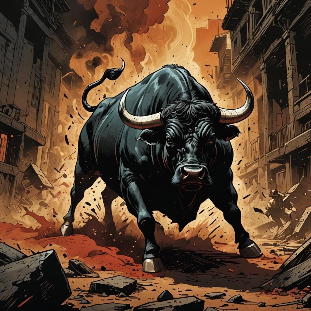 Fierce Black Bull in Comic Book Style