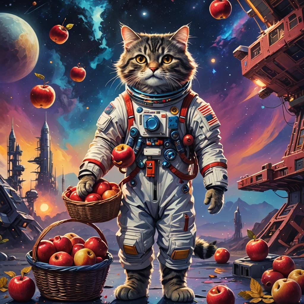Cat Astronaut with Apples on Moonlit Launchpad