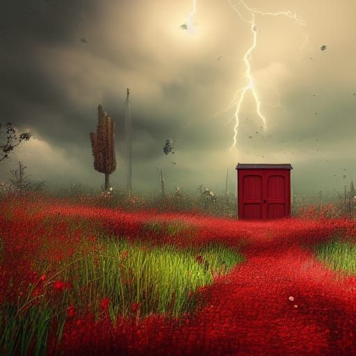 Red Door in Stormy Field: Matte Painting
