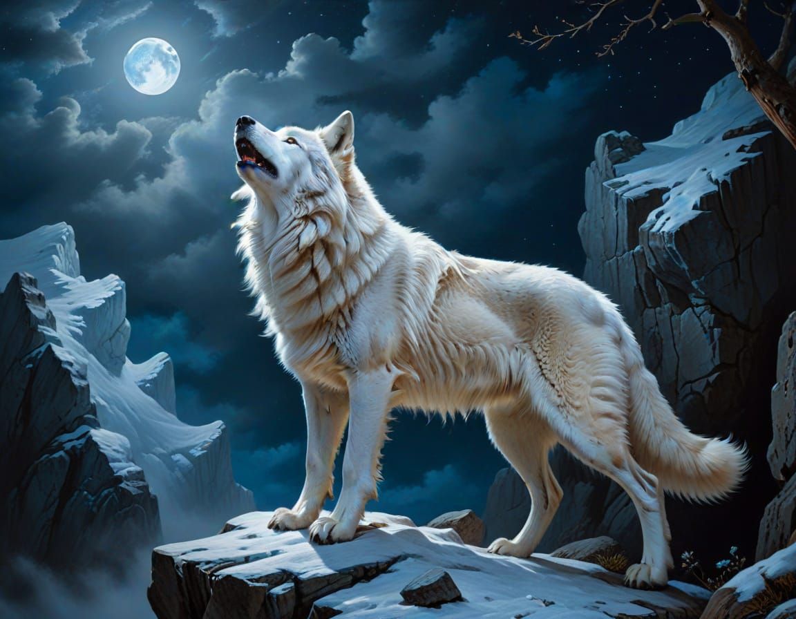 Majestic White Wolf Howling at Moon, Baroque Oil Painting